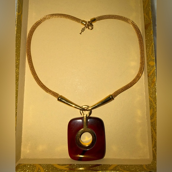 Trifari Jewelry - Trifari Gold Necklace with Red Pendant